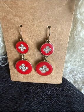 Red Enamel Dangle Earrings with Crystal Accents